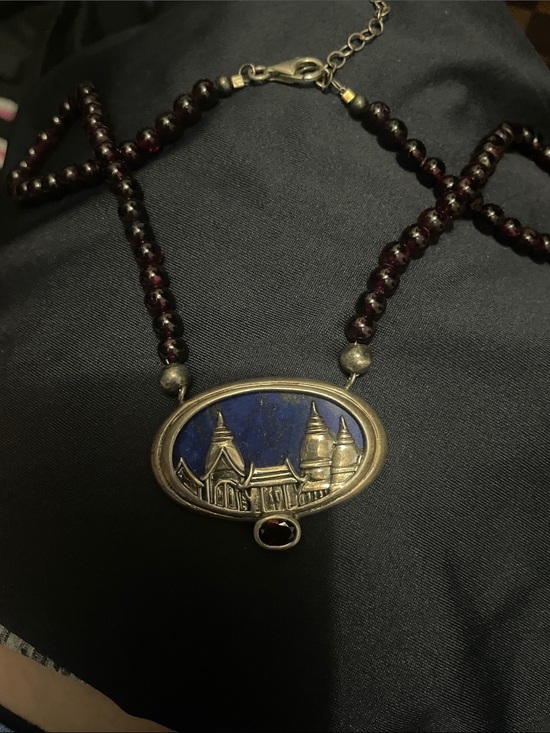 Jewelry - Beaded Pendant Necklace with Blue Enamel Scene